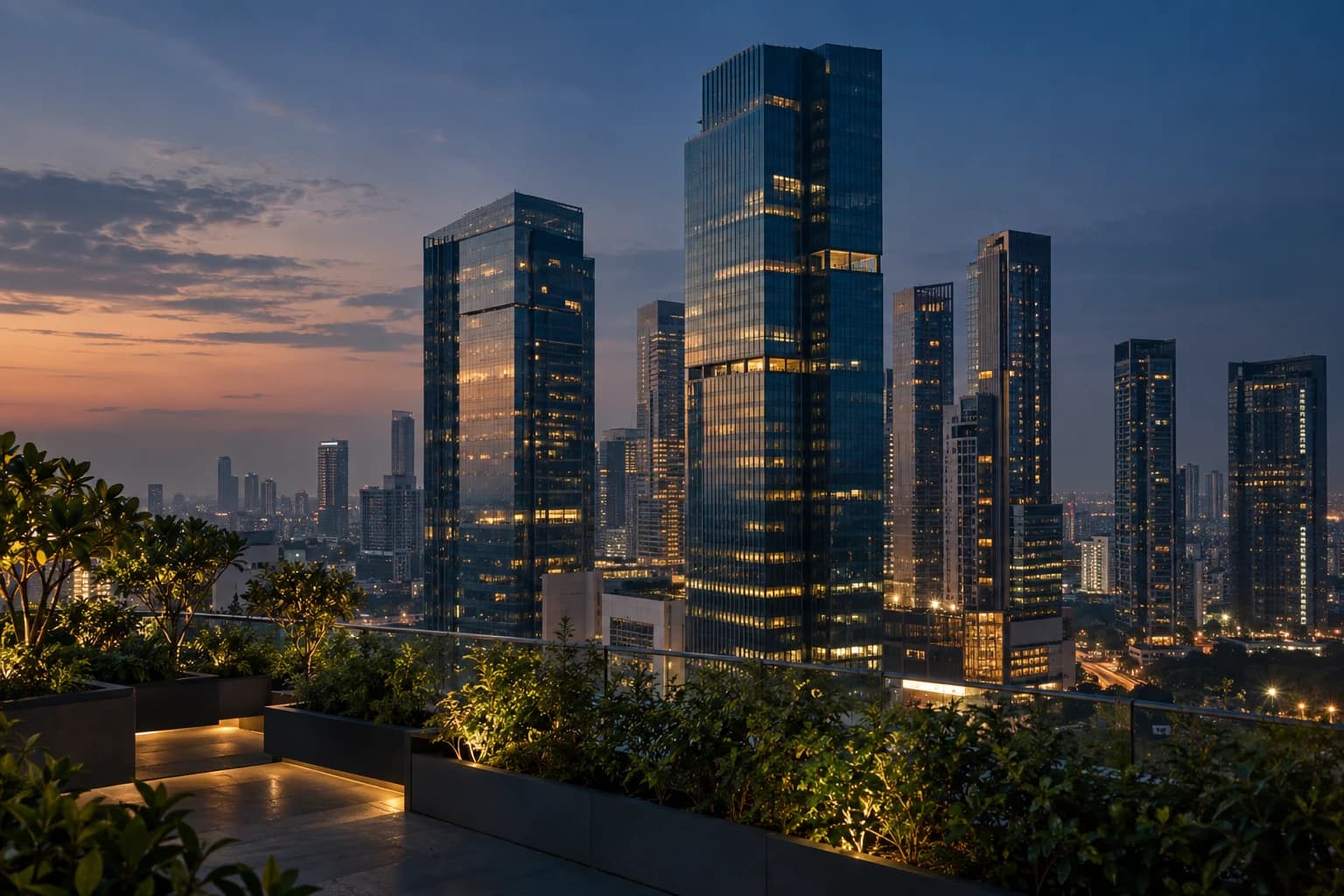 City business district and buildings